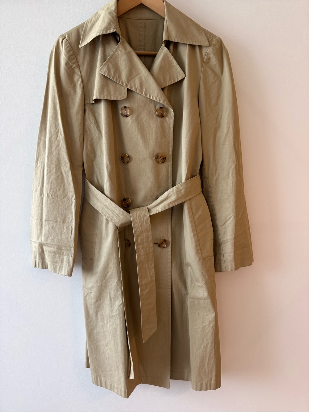 System 100% Cotton Khaki Double-Breasted Trench Coat with Belt